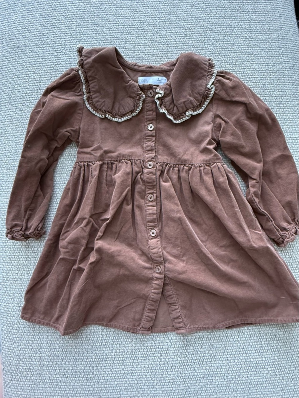 Zara 5Y Girls' Brown Button-Front Dress with Ruffle Collar
